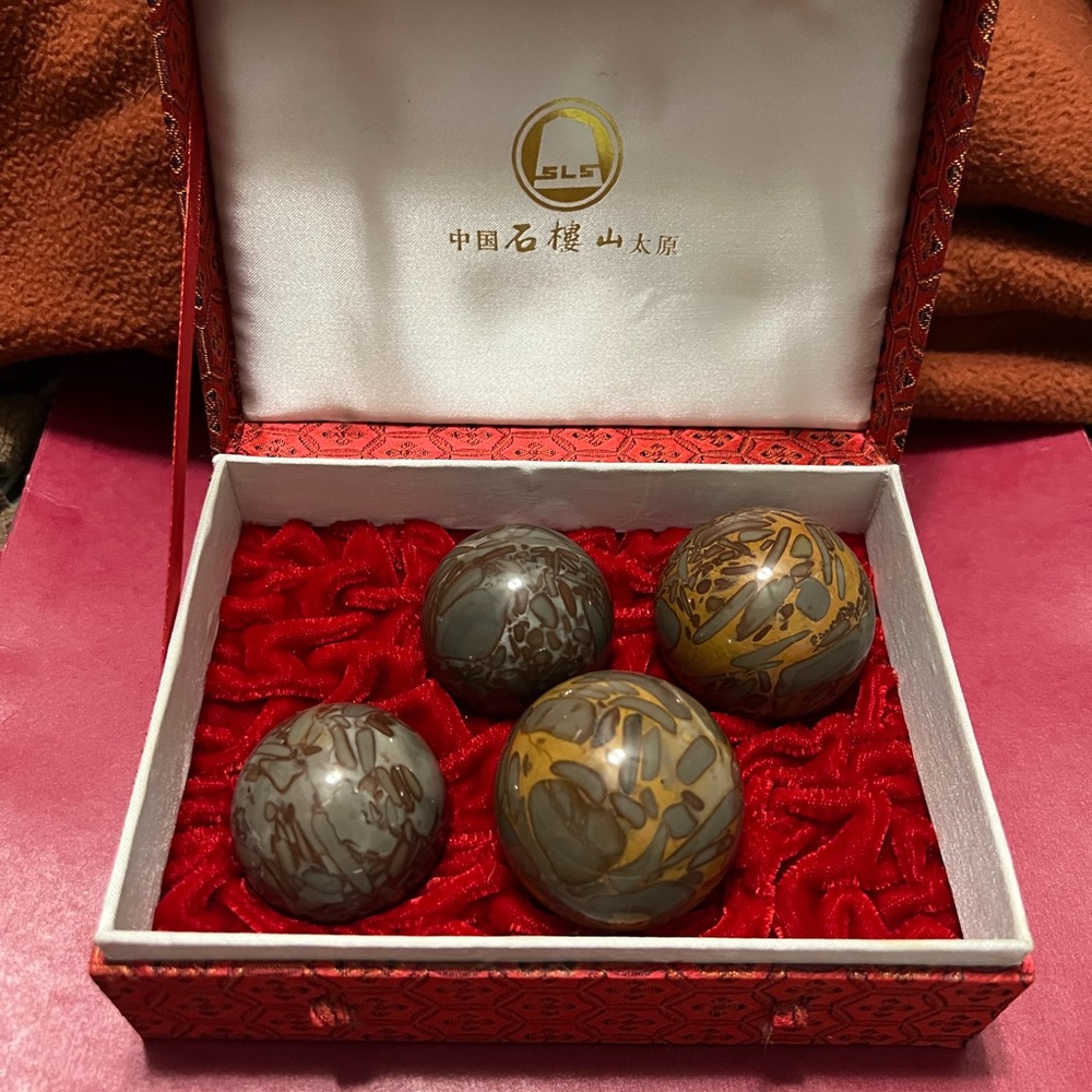 Chinese Health Baoding Balls. Decorative Stone Sphere Set in Brown and Gray
